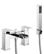 A contemporary silver chrome bath shower mixer with a handheld shower and an adjustable shower hose.
