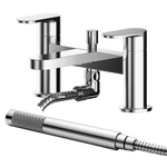 A silver Binsey bath/shower mixer tap with a hose and shower head bracket, featuring a modern design with rounded edges.