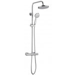 A chrome-plated Imex Arco dual outlet bar valve with integral diverter and one fixed shower head, along with an adjustable shower head and a hand-held shower unit.