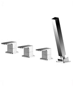 A set of contemporary chrome-finished brass bath shower mixers with a sleek design, including a single handle and a diverter.