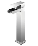 A freestanding mono basin with a chrome finish and an open channel design.