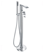 A floor-standing bath and shower mixer with a chrome finish and contemporary design, featuring a handheld shower head, a hose, and a mixing valve.