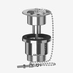 A chrome basin plug and chain waste, consisting of a metallic round plug with a chain attached