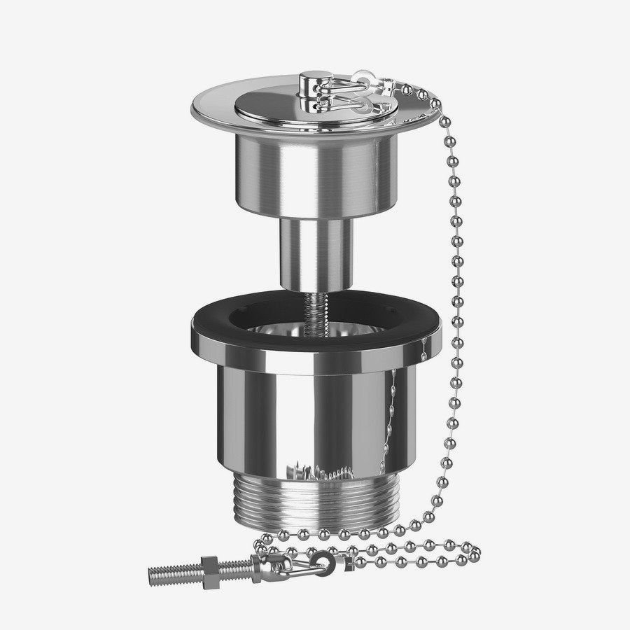 A chrome basin plug and chain waste, consisting of a metallic round plug with a chain attached