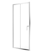 A sliding door with chrome frame and clear glass panels.