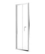 A bifold shower door featuring chrome metal frame and clear glass panels.