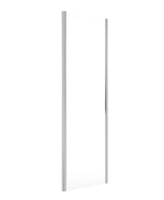 A clear glass ZEBA side panel for a shower, with chrome metal fixtures.