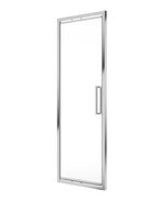 A framed infold shower door with clear glass and a chrome metal frame.