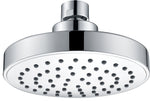 A round chrome shower head with multiple nozzles, attached to a ceiling mount.