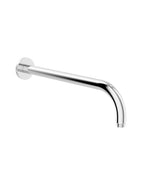 A silver wall shower arm with a round base and an elongated curved tube-like structure extending from it, against a white background.
