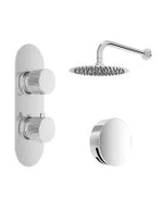 A wall-mounted fixed head bath set with chrome finish, including a twin concealed shower valve, a round bath filler and waste, a round thin shower head, and a wall-mounted shower arm.