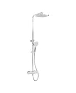 A silver thermostatic shower kit with a square adjustable rail, hand shower, and a rain shower head.