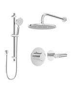 A HAKK thermostatic shower set in chrome, including a wall arm, shower head, and additional accessories.