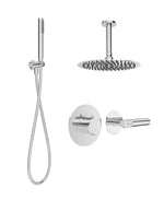 A HAKK thermostatic shower set in chrome, consisting of a twin concealed shower valve, a round handset kit, a round thin 250mm shower head, and a ceiling shower arm.