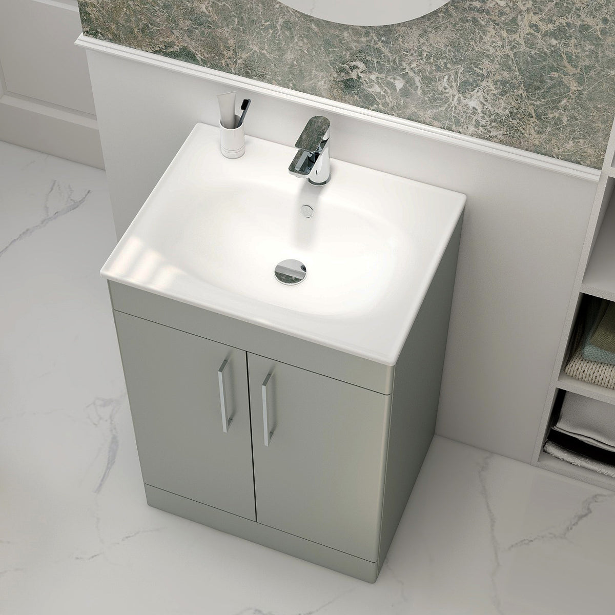 IMEX Croma 600mm Floor Standing Double Door Cabinet & Basin Pistachio White Basin with One Tap Hole