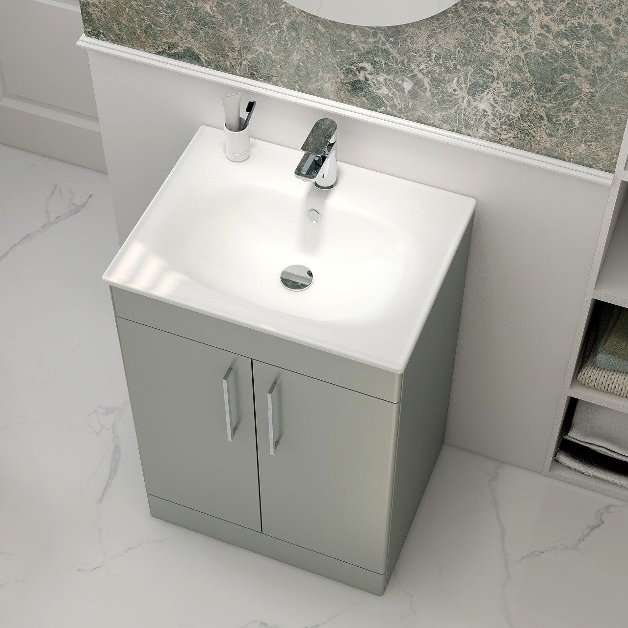 IMEX Croma 600mm Floor Standing Double Door Cabinet & Basin Pistachio White Basin with One Tap Hole