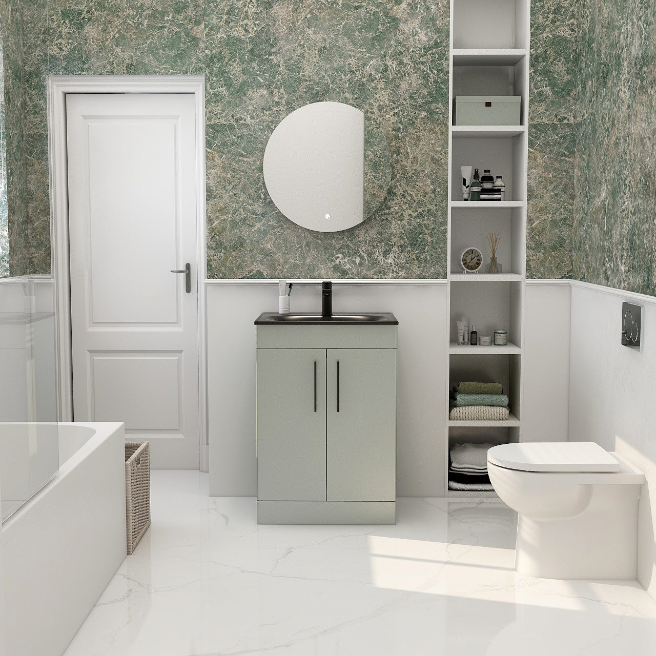 IMEX Croma 600mm Floor Standing Double Door Cabinet & Basin Pistachio Black Basin with One Tap Hole