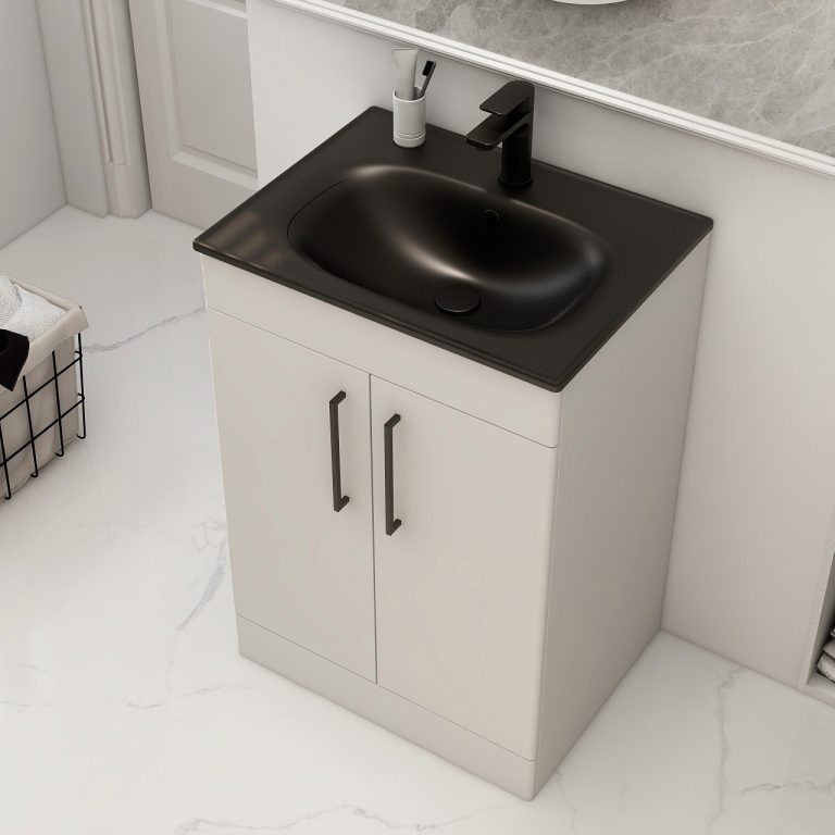 IMEX Croma 600mm Floor Standing Double Door Cabinet & Basin Matt white Black Basin with One Tap Hole