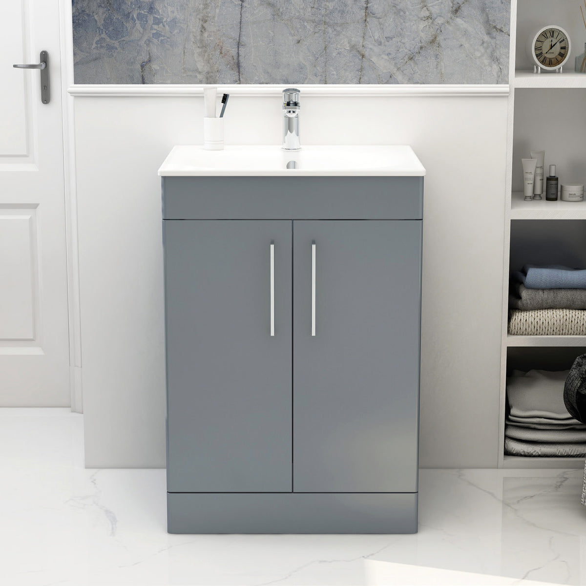 IMEX Croma 600mm Floor Standing Double Door Cabinet & Basin Steel blue