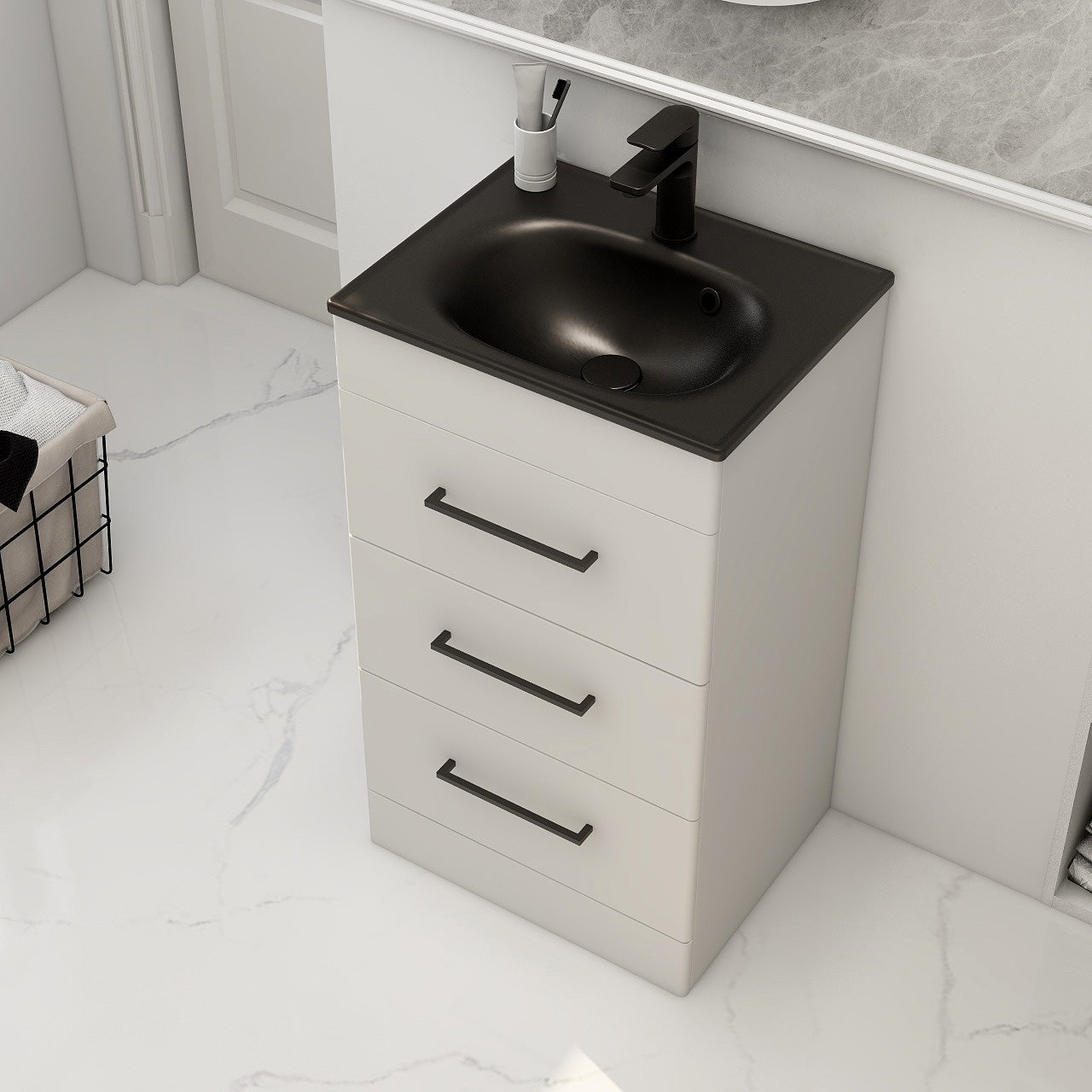 IMEX Croma 500mm Floor Standing Three-Drawer Cabinet & Basin Matt white Black Basin with One Tap Hole