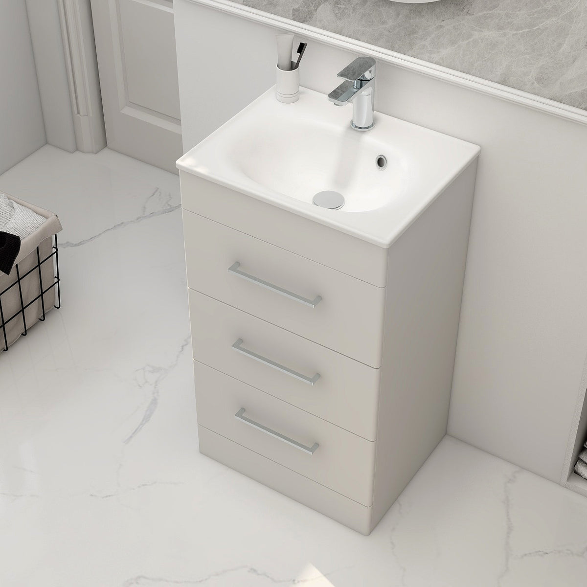 IMEX Croma 500mm Floor Standing Three-Drawer Cabinet & Basin Matt white White Basin with One Tap Hole