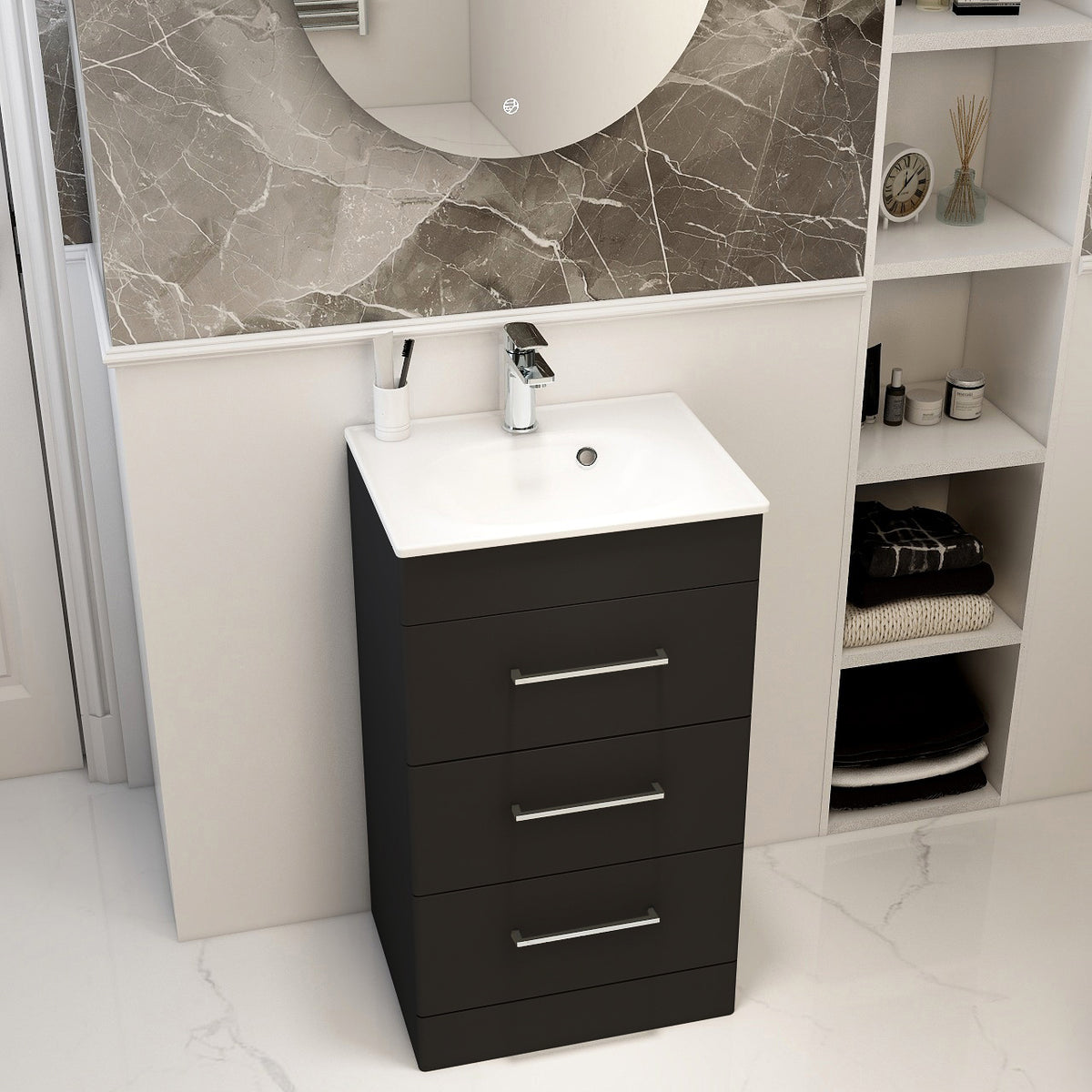IMEX Croma 500mm Floor Standing Three-Drawer Cabinet & Basin Matt black White Basin with One Tap Hole