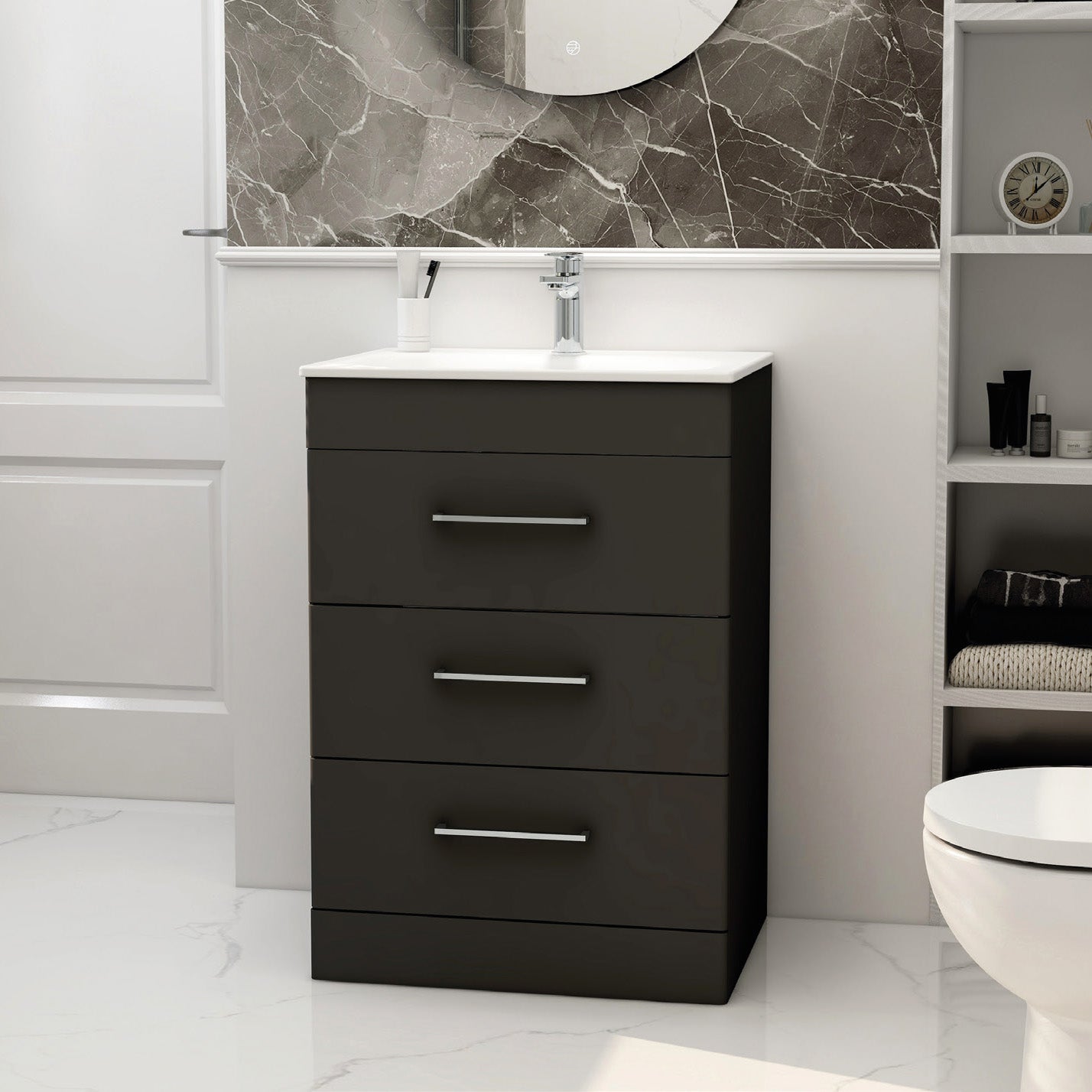 IMEX Croma 600mm Floor Standing Three-Drawer Cabinet & Basin Matt black