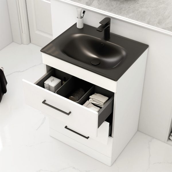 IMEX Croma 600mm Floor Standing Three-Drawer Cabinet & Basin Matt white Black Basin with One Tap Hole