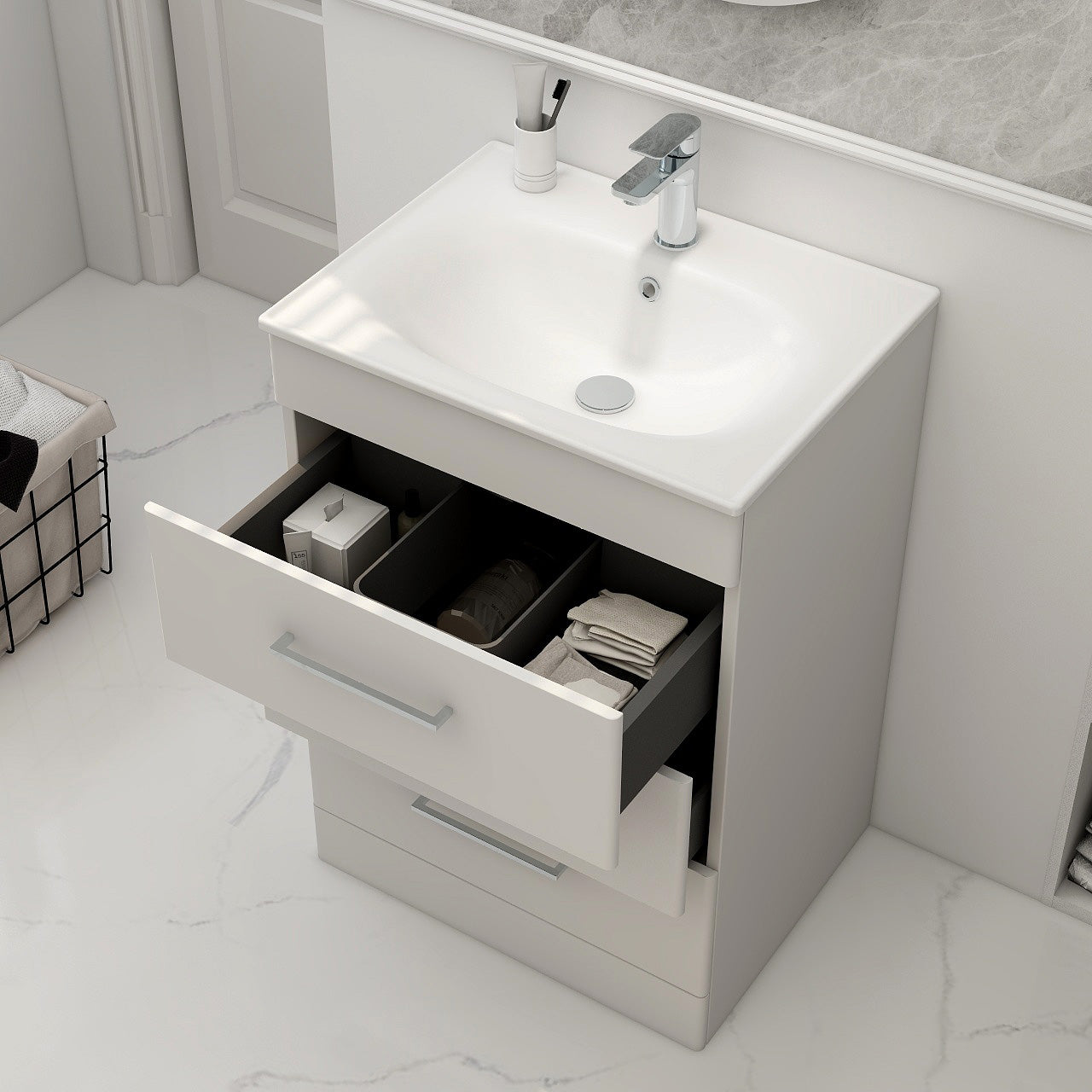 IMEX Croma 600mm Floor Standing Three-Drawer Cabinet & Basin Matt white White Basin with One Tap Hole