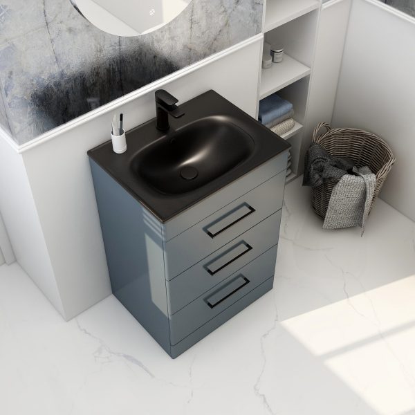 IMEX Croma 600mm Floor Standing Three-Drawer Cabinet & Basin Steel blue Black Basin with One Tap Hole