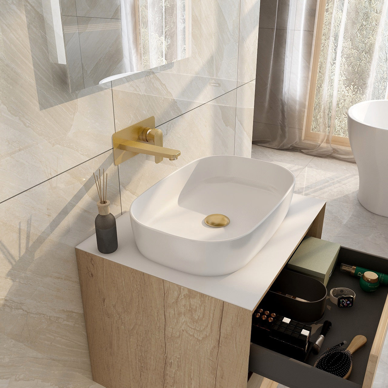 IMEX Grace 900mm Wall Hung Vanity Set - Natural Oak with Solid White Quartz Worktop With Basin