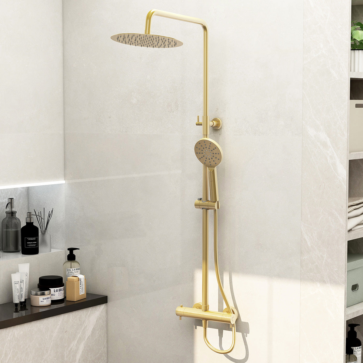 IMEX Ravine Cool Touch Thermostatic Overhead Shower Set Brushed Brass