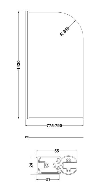 Nuie Pacific Round 800mm Bath Screen - 6mm Toughened Glass