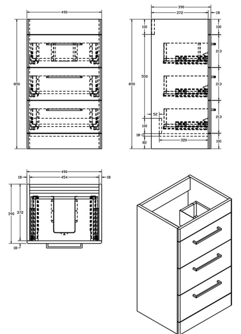 IMEX Croma 500mm Floor Standing Three-Drawer Cabinet & Basin