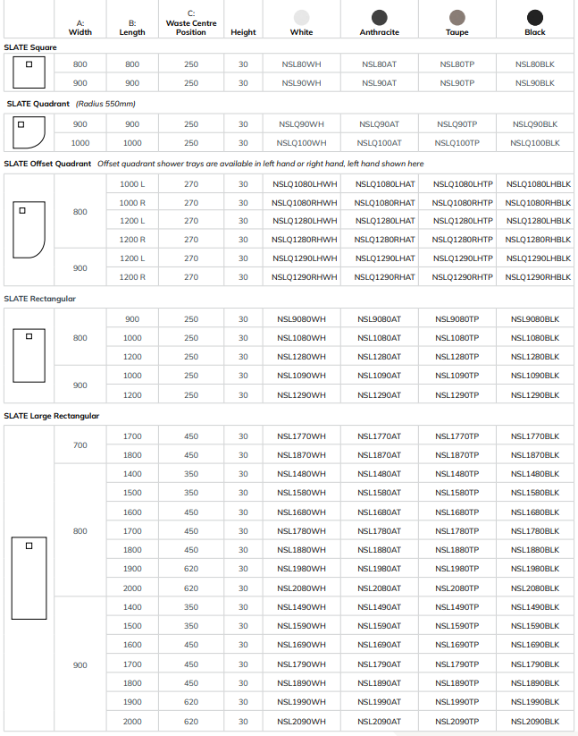 Sonas SLATE 700mm Wide Large Rectangular Shower Tray & Waste