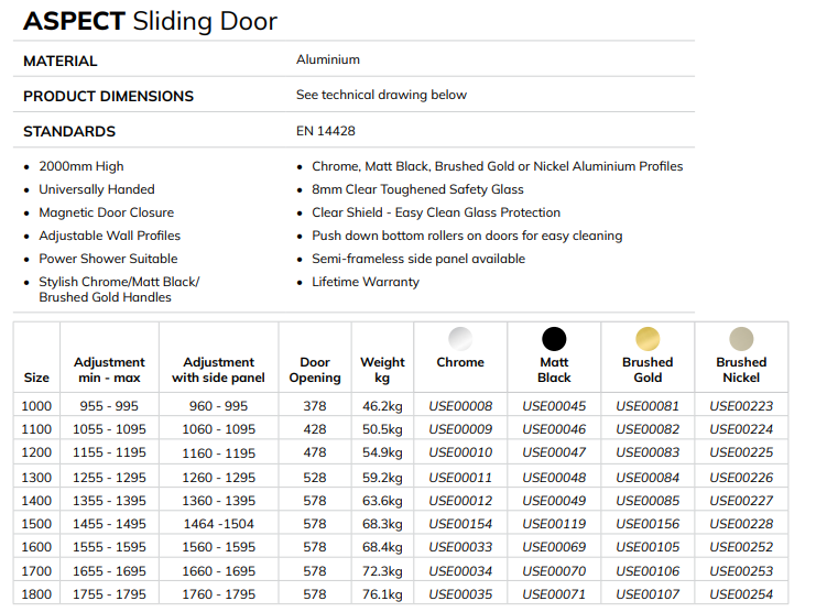 Sonas ASPECT 8mm Sliding Shower Door Multiple Sizes