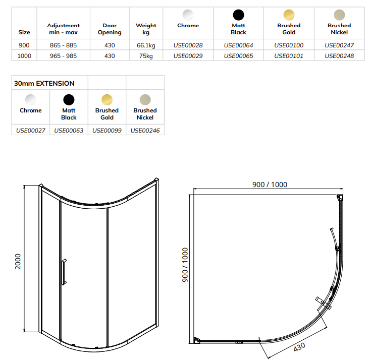 Sonas ASPECT 8mm Single Door Quadrant