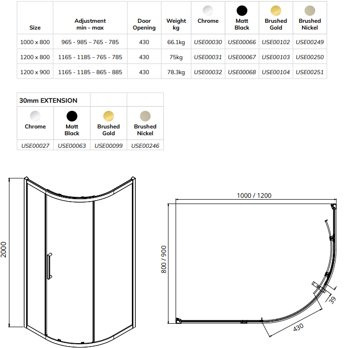 Sonas ASPECT 8mm Single Door Offset Quadrant