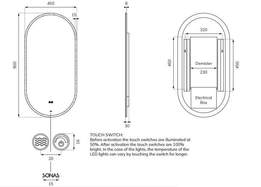 Sonas ETERNA 450x900mm Iluminated Mirror