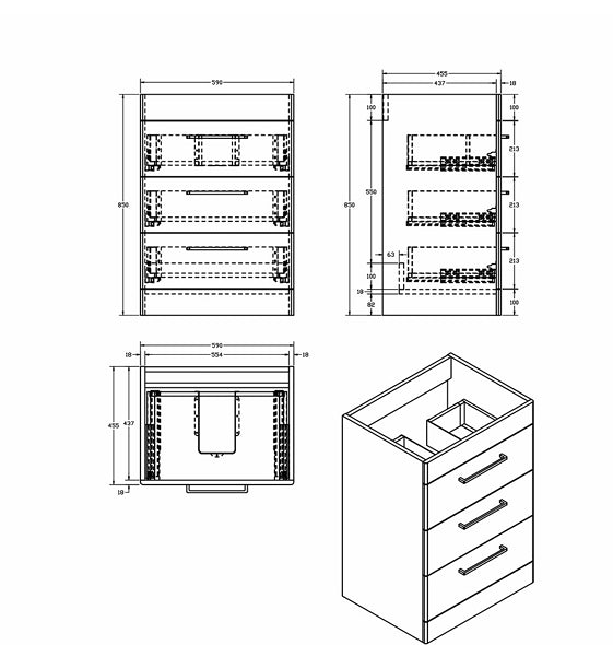 IMEX Croma 600mm Floor Standing Three-Drawer Cabinet & Basin