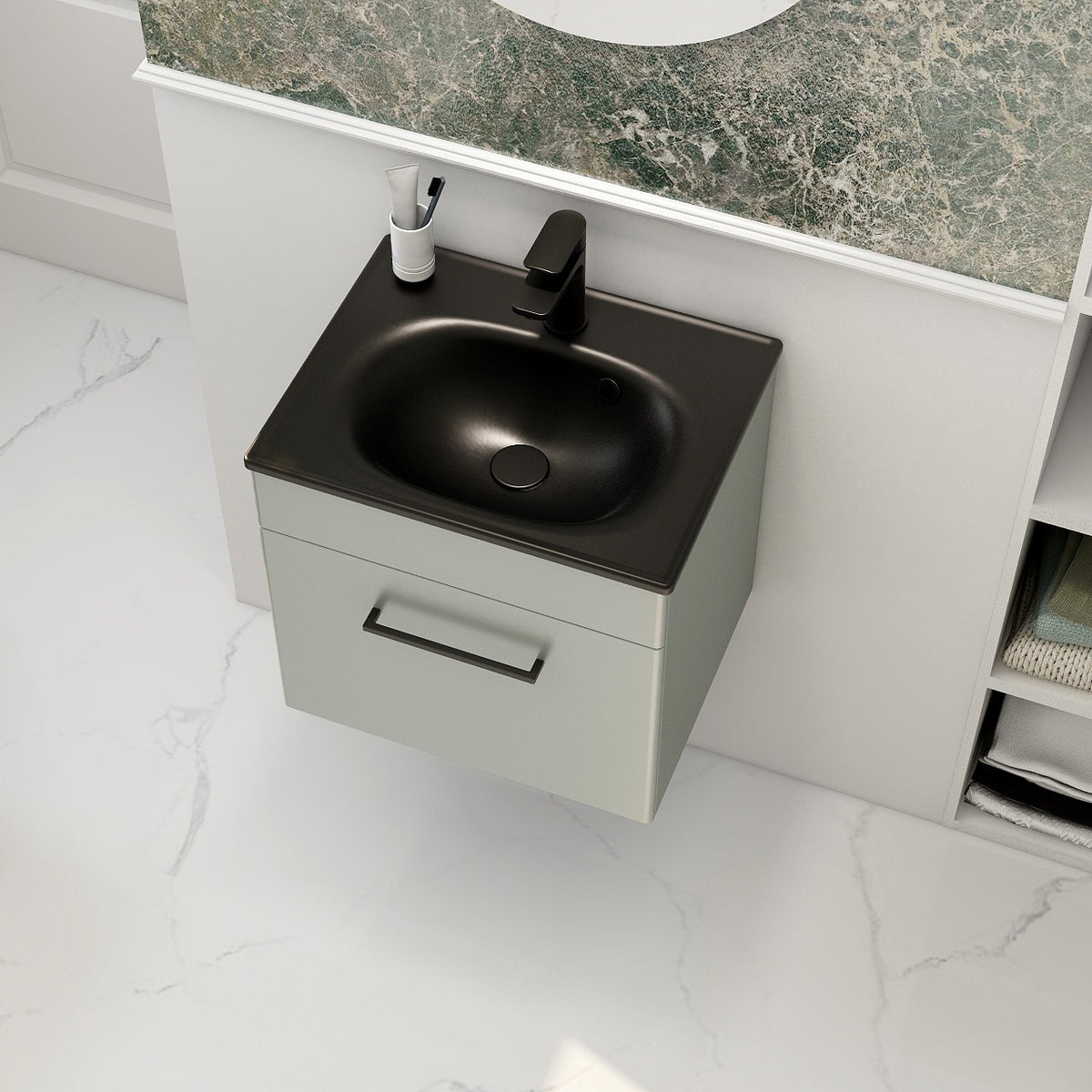 Imex Croma Wall Mounted Single Drawer 500mm Cabinet Pistachio Black Basin with One Tap Hole