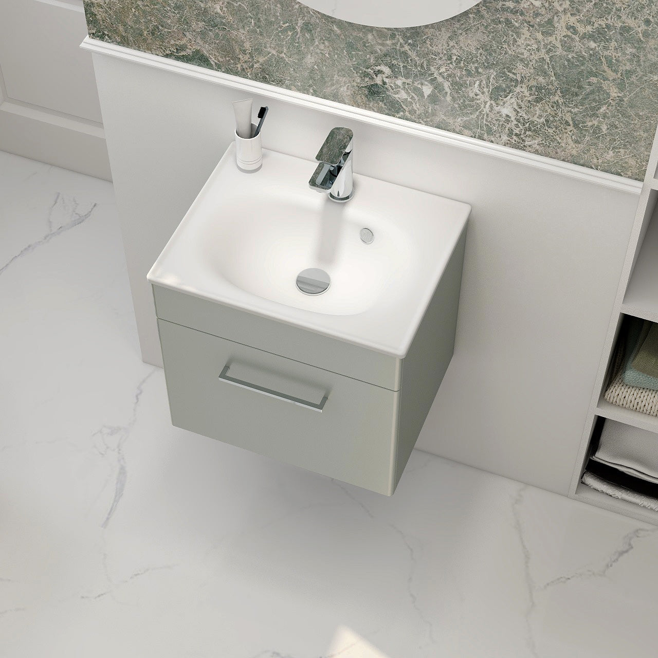 Imex Croma Wall Mounted Single Drawer 500mm Cabinet Pistachio White Basin with One Tap Hole