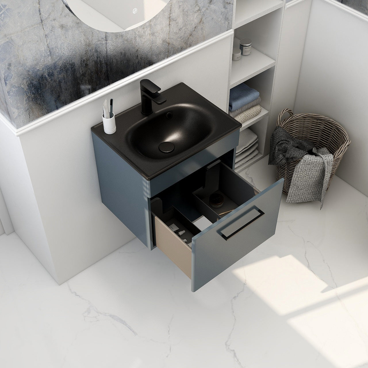 Imex Croma Wall Mounted Single Drawer 500mm Cabinet Steel blue Black Basin with One Tap Hole