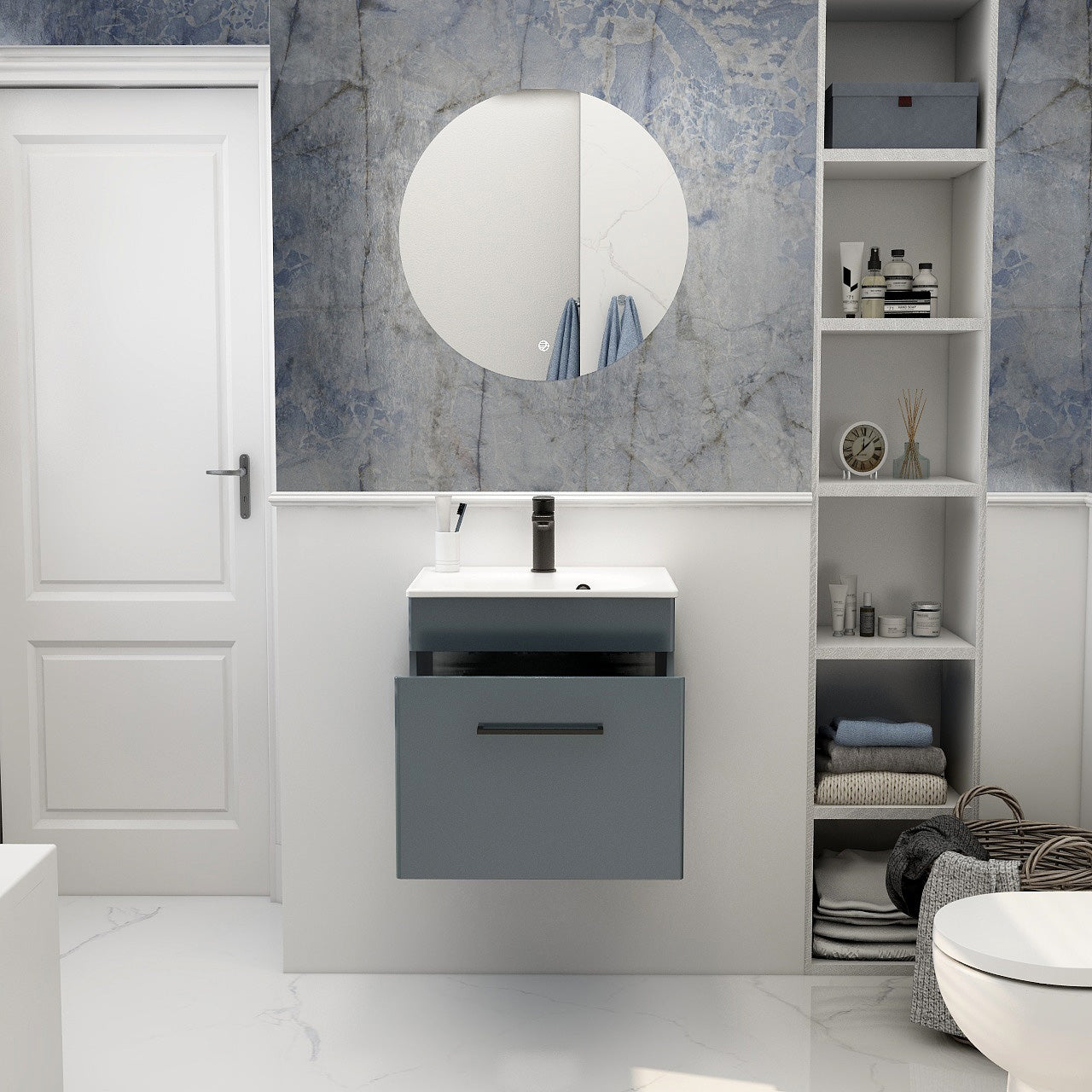 Imex Croma Wall Mounted Single Drawer 500mm Cabinet Steel blue White Basin with One Tap Hole