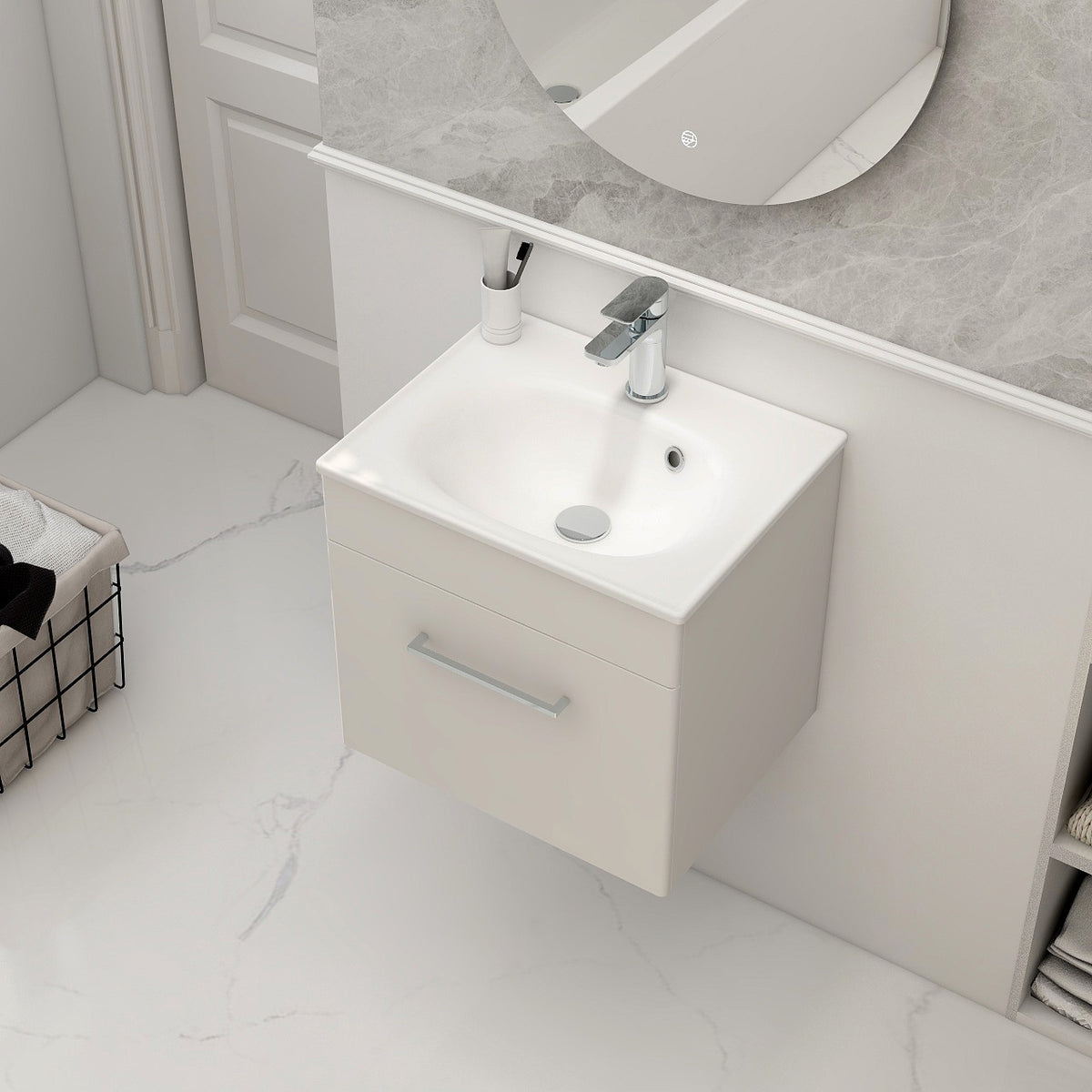 Imex Croma Wall Mounted Single Drawer 500mm Cabinet Matt white White Basin with One Tap Hole
