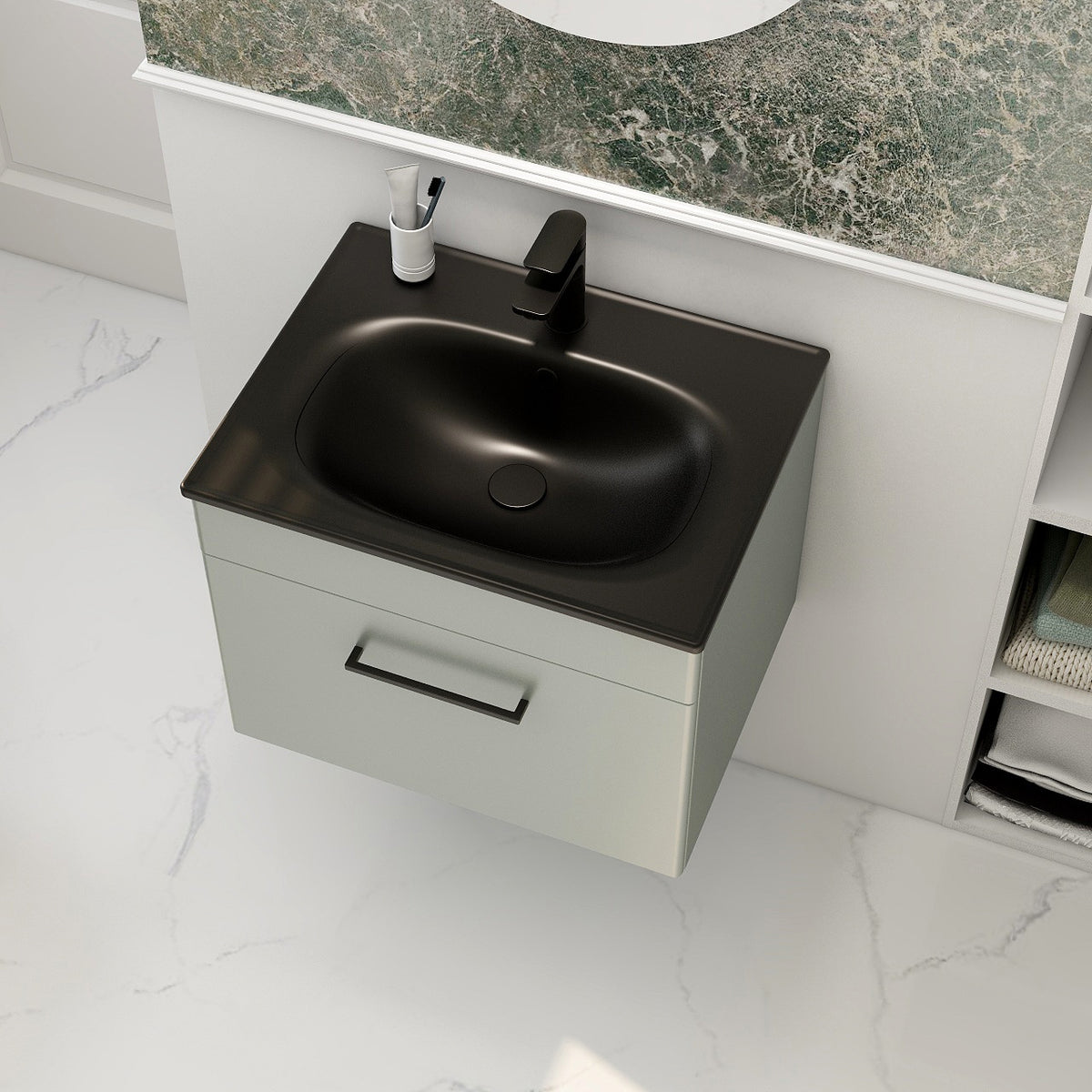 Imex Croma Wall Mounted Single Drawer 600mm Cabinet Pistachio Black Basin with One Tap Hole