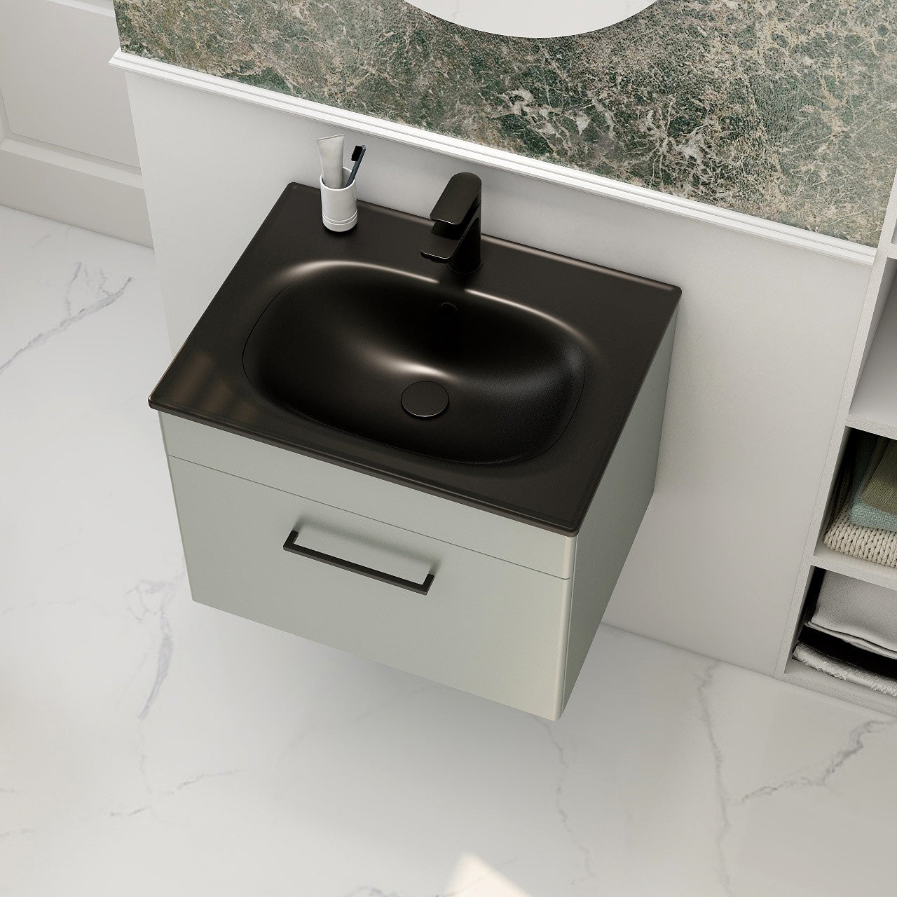 Imex Croma Wall Mounted Single Drawer 600mm Cabinet Pistachio Black Basin with One Tap Hole