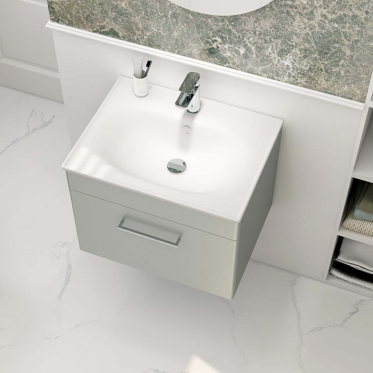 Imex Croma Wall Mounted Single Drawer 600mm Cabinet Pistachio White Basin with One Tap Hole