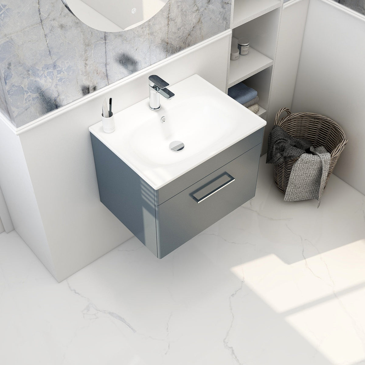 Imex Croma Wall Mounted Single Drawer 600mm Cabinet Steel blue White Basin with One Tap Hole
