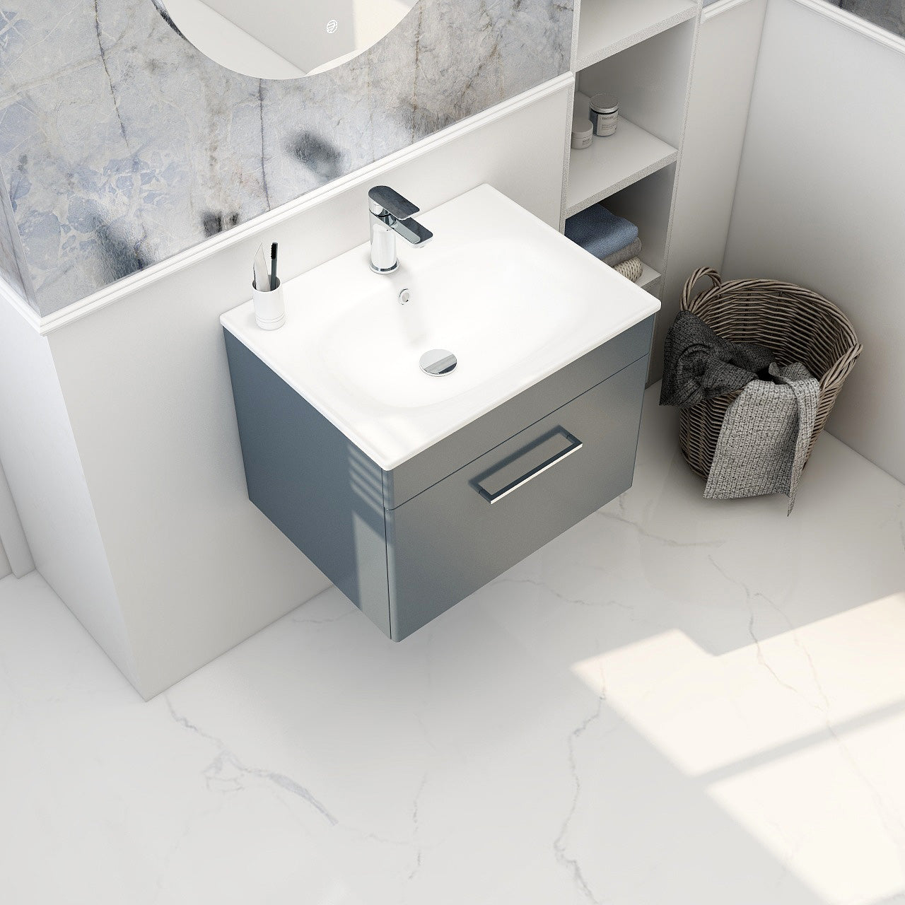Imex Croma Wall Mounted Single Drawer 600mm Cabinet Steel blue White Basin with One Tap Hole